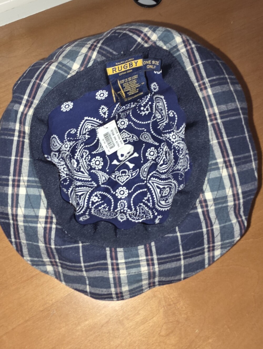 Ralph Lauren Rugby Plaid Bucket Hat Skull Crossbones Interior OS
